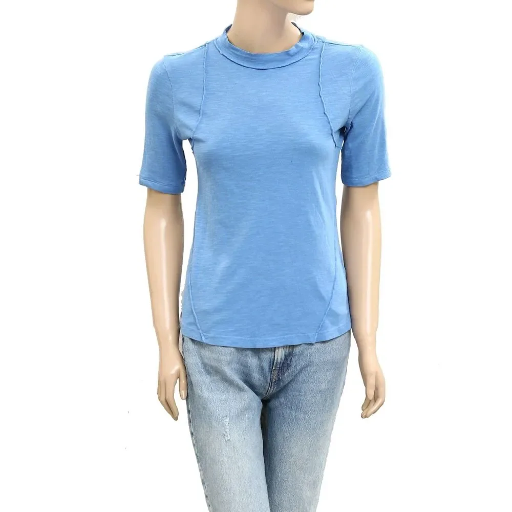 Anthropologie Pilcro Round Neck Tee Blouse Top Blue Short Sleeve XS New 279506